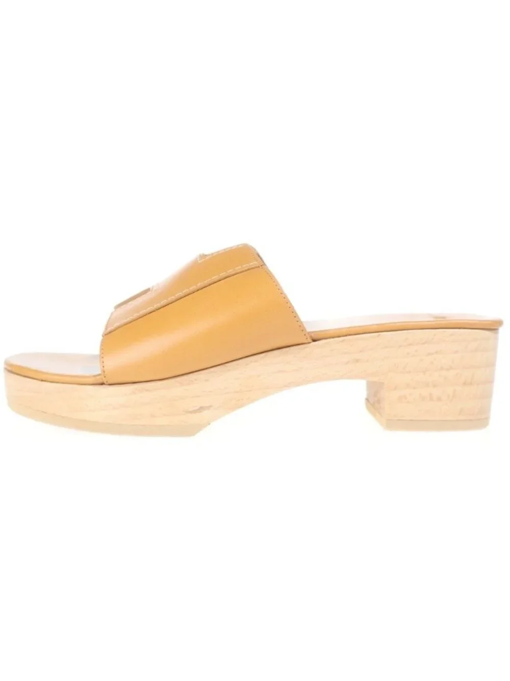 Hermes Logo Kevral Sandals Leather Wood Mules Shoes Brown 35